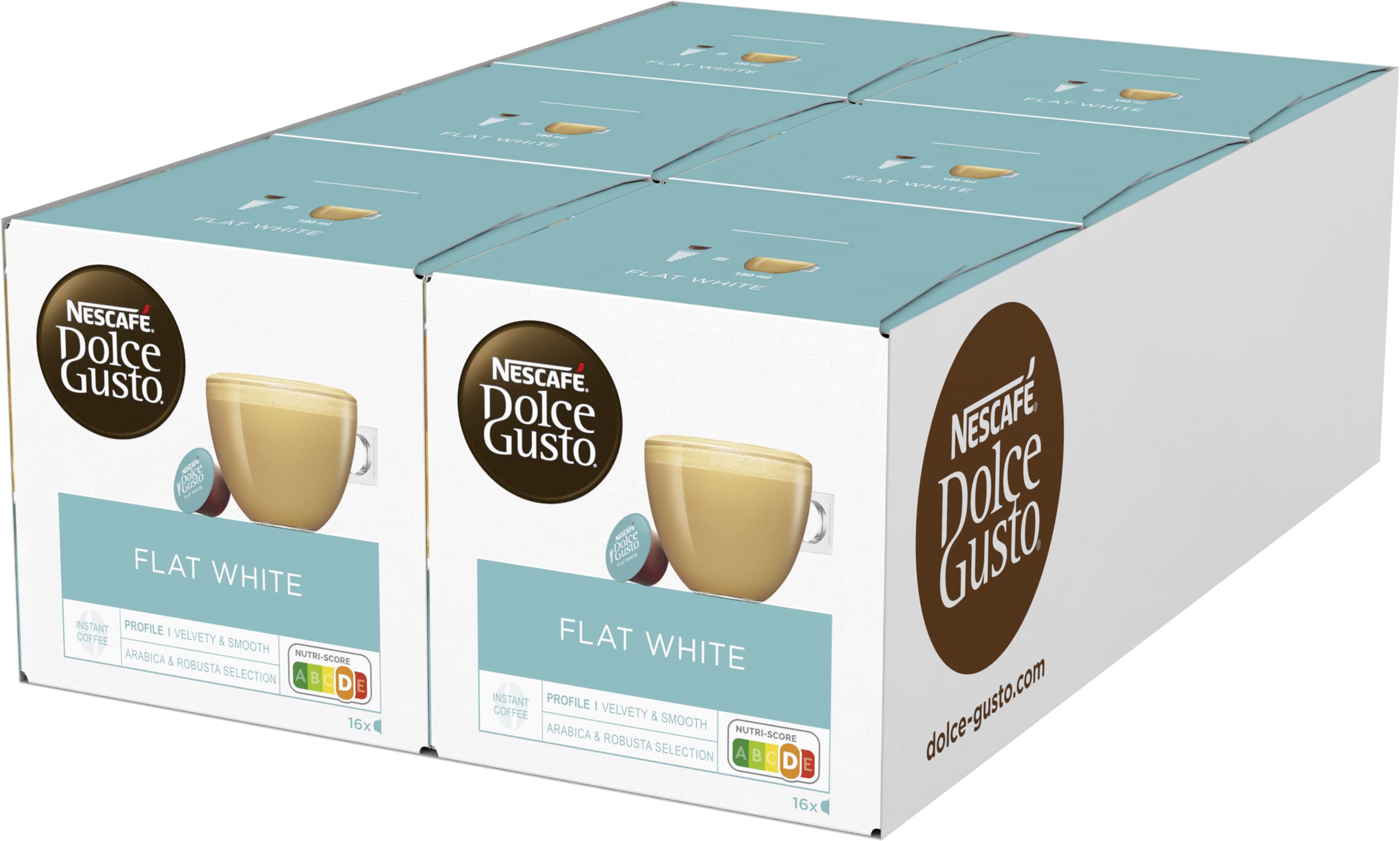 NESCAFÉ Dolce Gusto Flat White, 96 Kaffeekapseln, Arabica und Robusta Bohnen, Cremig-Milchiger Genuss, Kaffeekreation, Coffee-Shop Trend, Aromaversiegelte Kapseln, 6er Pack (6x16 Kapseln)