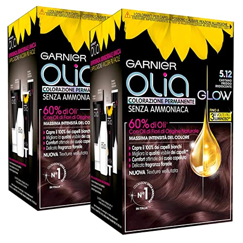 2 x Garnier Olia Glow Permanente Haarfarbe Farbe 5.12 Kaltbraun, schillernd, ohne Ammoniak, sanfter Duft - 2 Farben