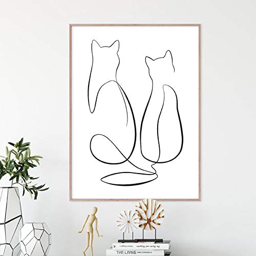 Zwei Katzen Single Line Malerei Wand Leinwand Kunstdruck Schwarz-Weiß-abstraktes Poster moderne minimalistische Dekoration 40x60cmx1 Stück rahmenlos