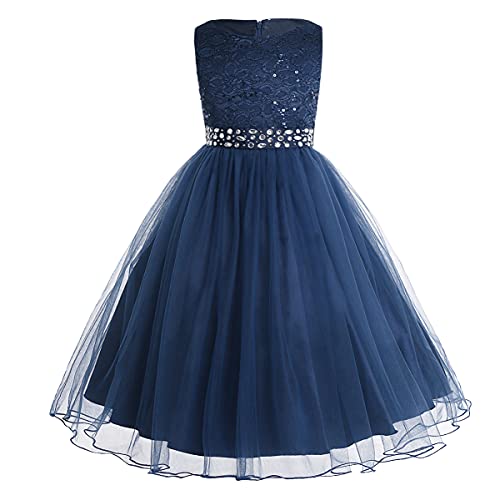 iEFiEL Mädchen Kleid festlich Lange Blumenmädchenkleider für Hochzeits Festkleid Kinder Brautjungfern Kleid 92 104 116 128 140 152 164 Marineblau 128