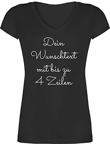 T-Shirt Damen V Ausschnitt personalisiert mit Namen - Aufdruck selbst gestalten - Kinder Wunschtext - 4 Zeilen Freitext - weiß - M - Schwarz - t Shirts personalisiert - XO1525