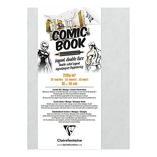 Clairefontaine 975196C Zeichenbuch mit doppelseitigem Layoutpapier, 220g, 13 x 18cm, ideal für Comics & Manga, 1 Stück