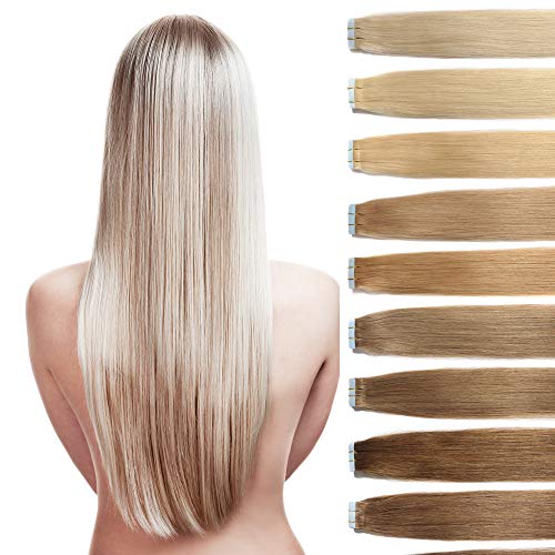Tape Extensions Echthaar Haarverlängerung 60cm Tape In Haare mit Klebeband 20 Tressen x 4 cm breit und 2,5g Gewicht pro Tresse Farbe #24 Blond