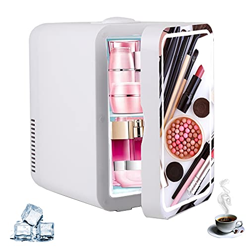 Mini Kühlschrank Tragbarer 8L Kosmetik Kühlschrank mit LED Make Up Spiegel, 2 in 1 Auto Kühlschrank mit Kühl/Heizfunktion für Reisen, Auto, Büround Schlafzimmer