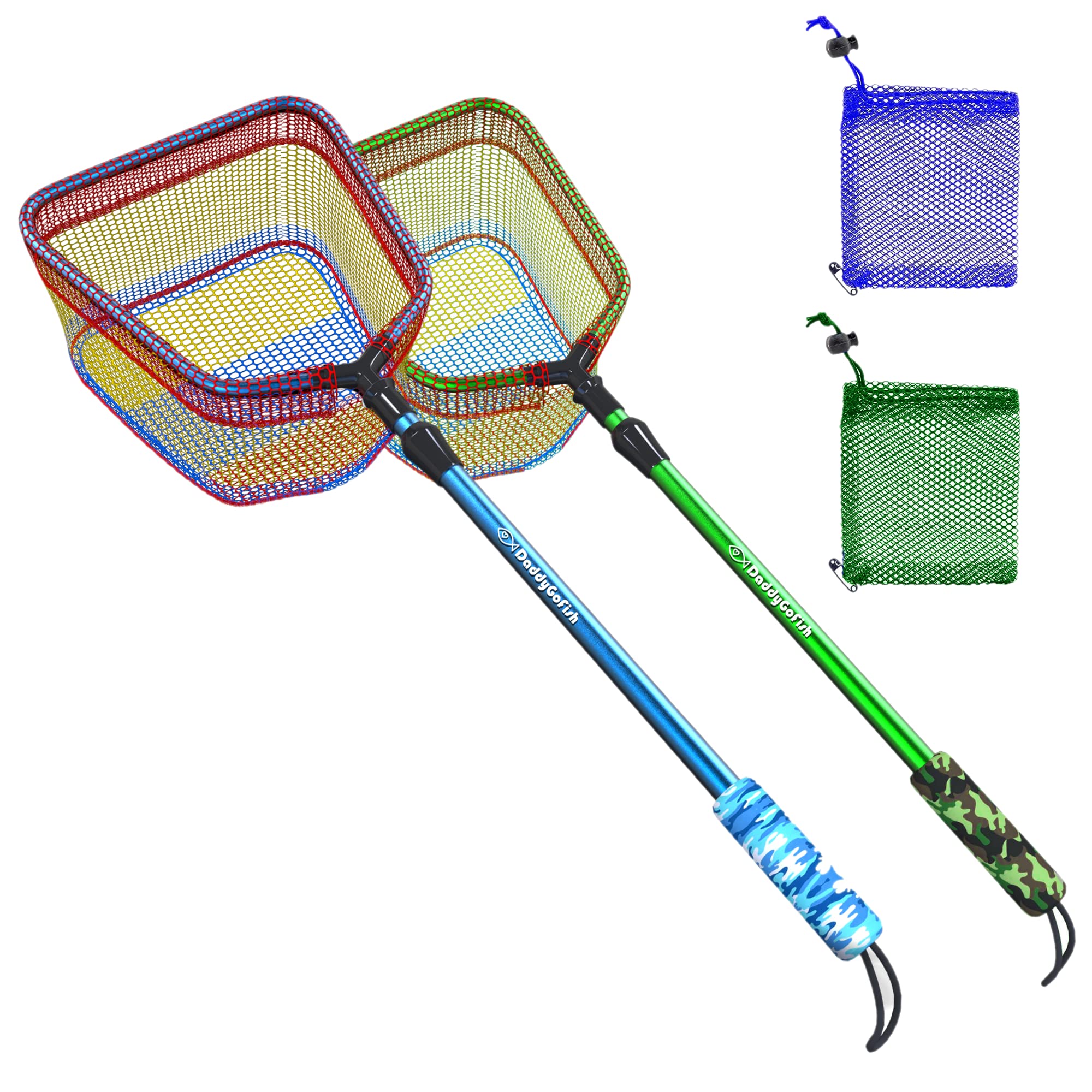 DaddyGoFish Kinder Fischernetz - Ultraleichte Teleskop-Ködertasche zum Fangen von Fischschmetterlingen am Wasserstrand Seeteich Geschenke für Jungen und Mädchen (Stil2 2er Pack (Blau + Grün))