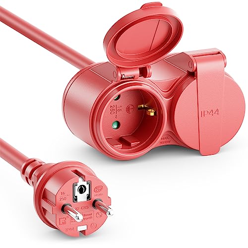 deleyCON 15m Outdoor Verlängerungskabel IP44 Spritzwasserschutz Stromkabel Netzkabel Verlängerung Außenbereich Schutzkontakt Stecker Typ F (CEE 7/4) auf 2X Buchse (CEE 7/3) - Rot
