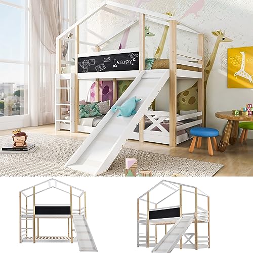 Kinderbett Baumhaus mit Rutsche & Leiter 90 x 200 cm, Hochbett für Kinder– 2X Lattenrost- Natur & Weiß (Mit Rutsche)