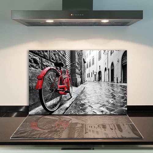 DAMU | Ceranfeldabdeckung 1 Teilig 80x52 cm Herdabdeckplatten aus Glas Fahrrad Rot Grau Elektroherd Induktion Herdschutz Spritzschutz Glasplatte Schneidebrett
