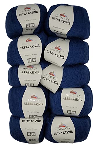 10 x 50 Gramm Himalaya Kashmir Strickgarn einfarbig, 500 Gramm Strickwolle mit 25% Alpaca Wolle, uni (blau 56818)