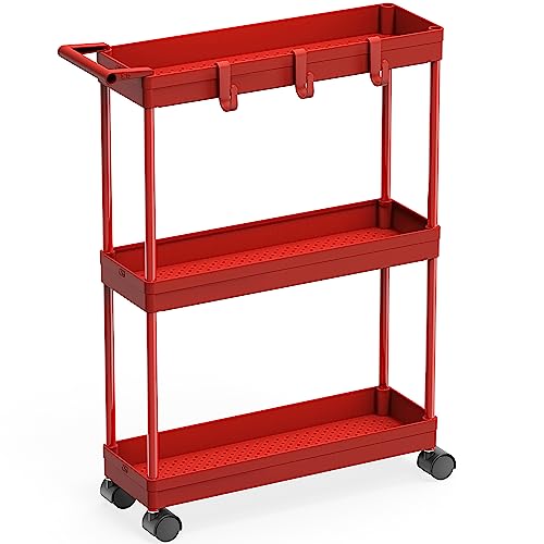 SimpleHouseware Küchenwagen-Aufbewahrung, 3-stöckig, schlank/super schmale Regale mit Griff, 66,5 cm Höhe/14 cm Breite für schmale Stellen, Rot