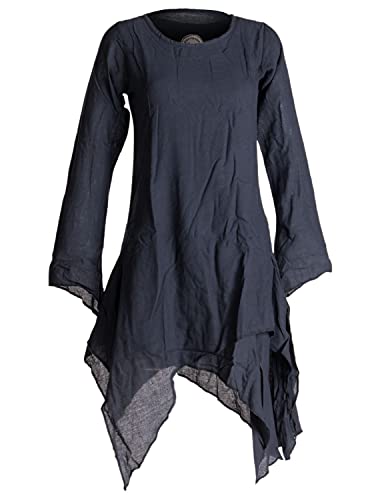Vishes - Alternative Bekleidung - Langärmliges Zipfeliges Lagenlook Kleid/Tunika aus handgewebter Baumwolle schwarzuni 48