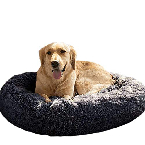 Hanhan Hundebett, warm, flauschig, extra groß, waschbar, rund, beruhigendes Fell-Donut-Design, bequemes Schlafen, Haustierbett für große Hunde (XXL-120 cm, dunkelgrau)