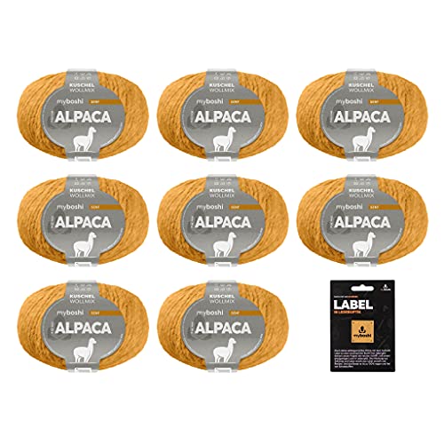 myboshi Alpaca-Wolle inkl. Orginal Label in Lederoptik, zum Häkeln/Stricken, temperaturregulierend, angenehm weicher, Damenoberbekleidung Gelb (Senf) 8 Knäuel