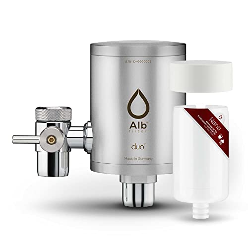 Alb Filter® Duo Nano Trinkwasserfilter | Wasserhahnfilter | Gegen Keime wie E. coli, Legionellen uvm. | Made in Germany Edelstahl (Edelstahl Mattiert mit Vorfilter)