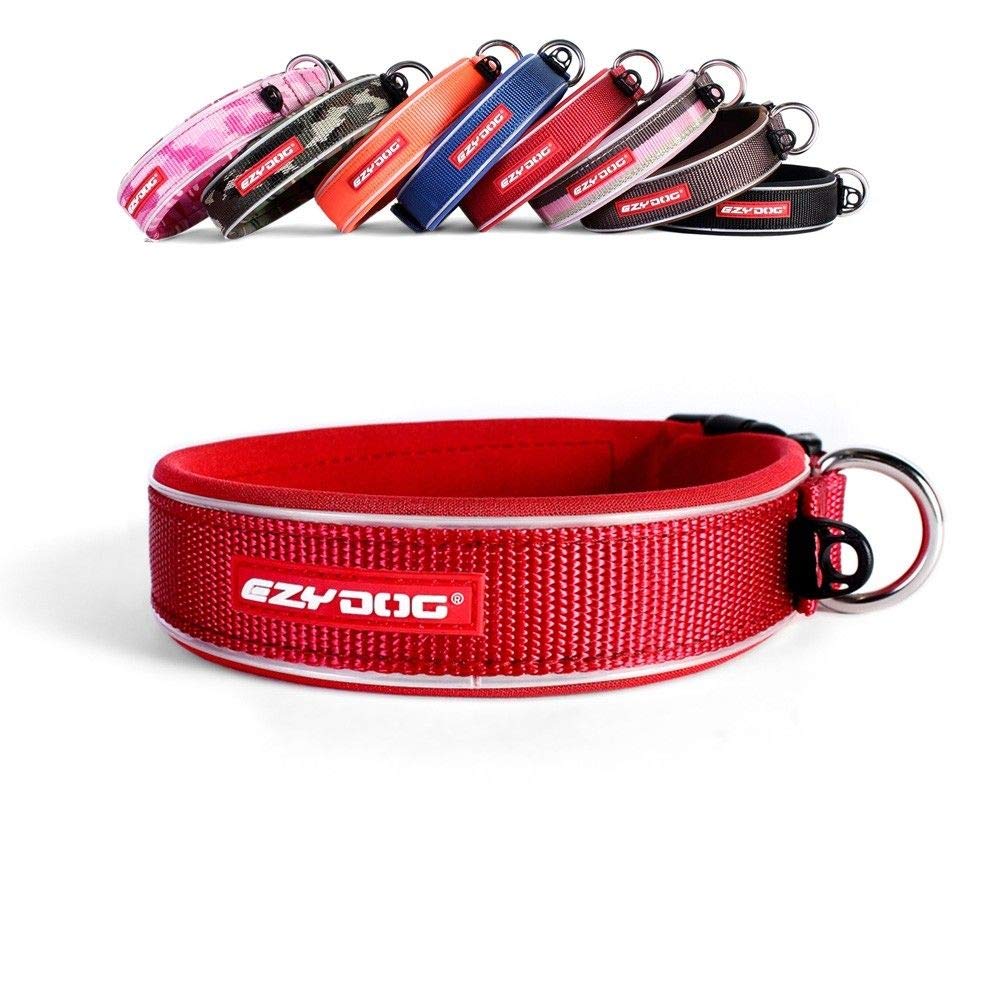 EzyDog Hundehalsband für Große, Mittelgroße, Mittlere & Kleine Hunde - Halsband Hund Neopren Gepolstert, Wasserfest, Reflektierend (L, Rot)