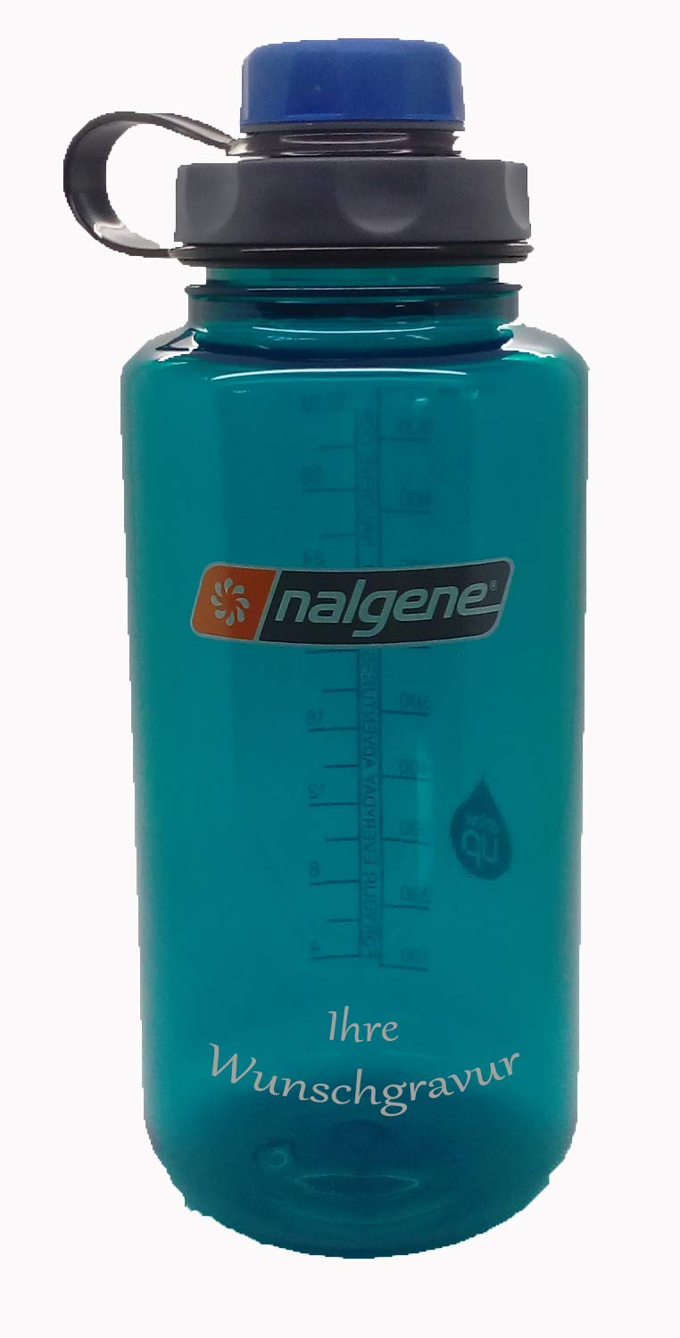 Nalgene Flasche 'Everyday Weithals' - 1 L mit 'capCAP'-Deckel (Türkis, mit Namensgravur, Deckel blau)