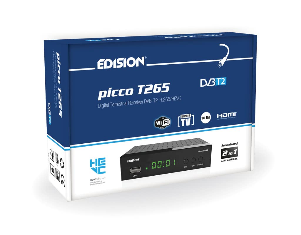 EDISION Picco T265 Full HD H.265 HEVC terrestrischer FTA Receiver T2, (1x DVB-T2, USB, HDMI, SCART, S/PDIF, IR Auge, USB Support, 2in1 Fernbedienung, Schwarz)