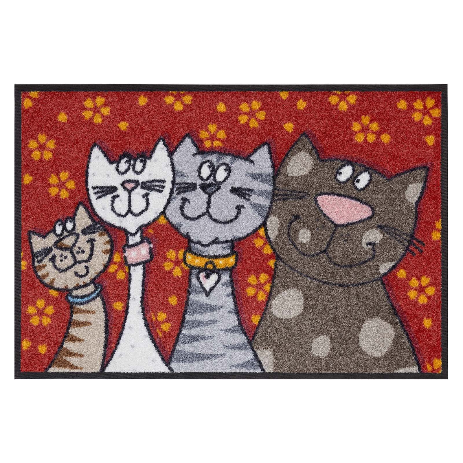 Salonloewe Fußmatte waschbar Katzenfamilie 50x75 cm HausTür-Eingangs-Matte lustig rot-bunt Tiere Fussabtreter