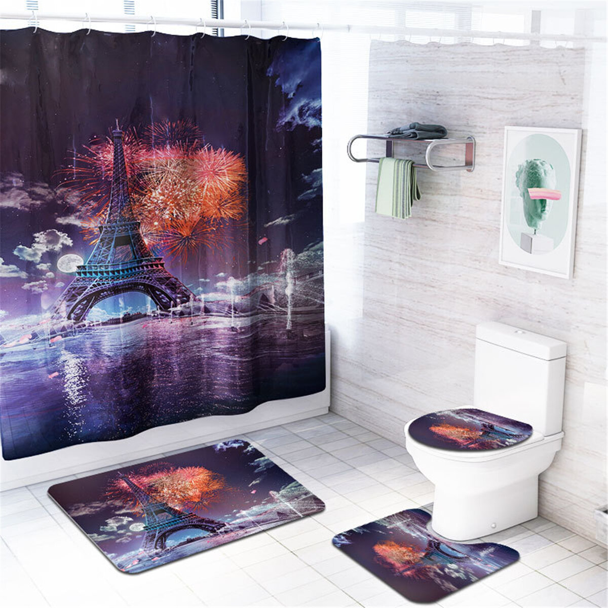 Feuerwerk wasserdicht Bad Duschvorhang Panel Bodenmatte WC-Sitzbezug