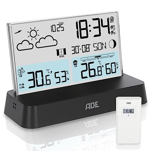 ADE Digitale Wetterstation Funk mit Außensensor | Innen- und Außentemperatur | Hygrometer, Barometer, Thermometer | Kalender und Mondphasen | Funkwecker | mit Beleuchtung | schwarz
