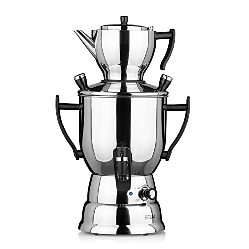 BEEM TEA-PERFECT Samowar - 3 L | Elektr. Edelstahl-Teebereiter | 1,2 L Teekanne mit Teesieb | Stufenlos regulierbarer Thermostat & Einhand-Dispenser | Perfekter Teegenuss- zu Hause & in der Gastro