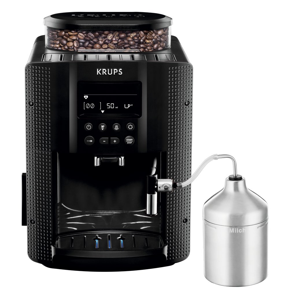 Krups Essential Kaffeevollautomat mit Milchschlauch, 2-Tassen-Funktion, LCD-Display, Einfache Reinigung, Kaffeemaschine, TÜV-Siegel, Schwarz, EA816031