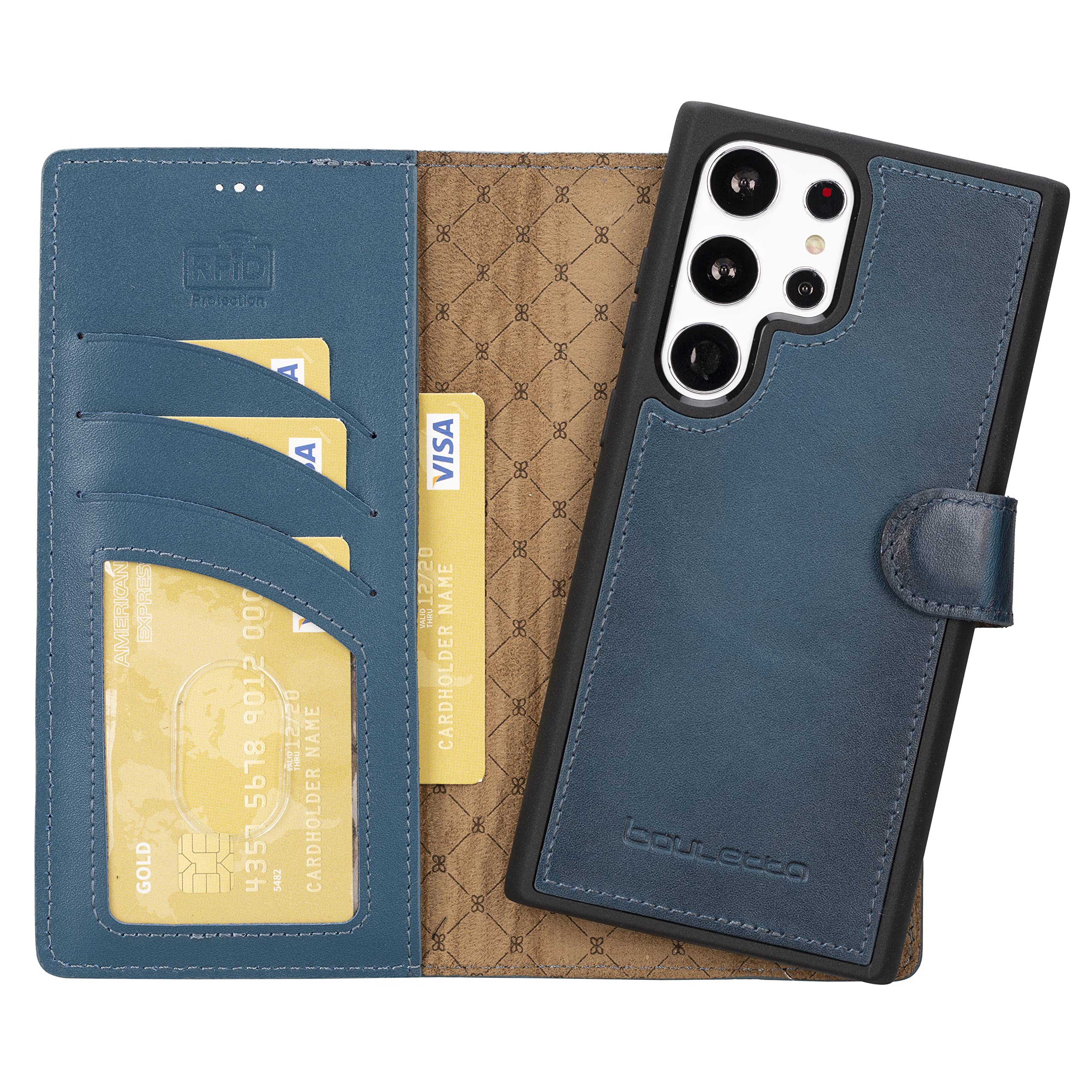 BOULETTA Samsung Galaxy S23 Ultra Lederhülle, Handmade Galaxy S23 Ultra Leder Wallet Case mit Kartenhalter für Männer und Frauen, RFID Geschützt, Kickstand (Blau)