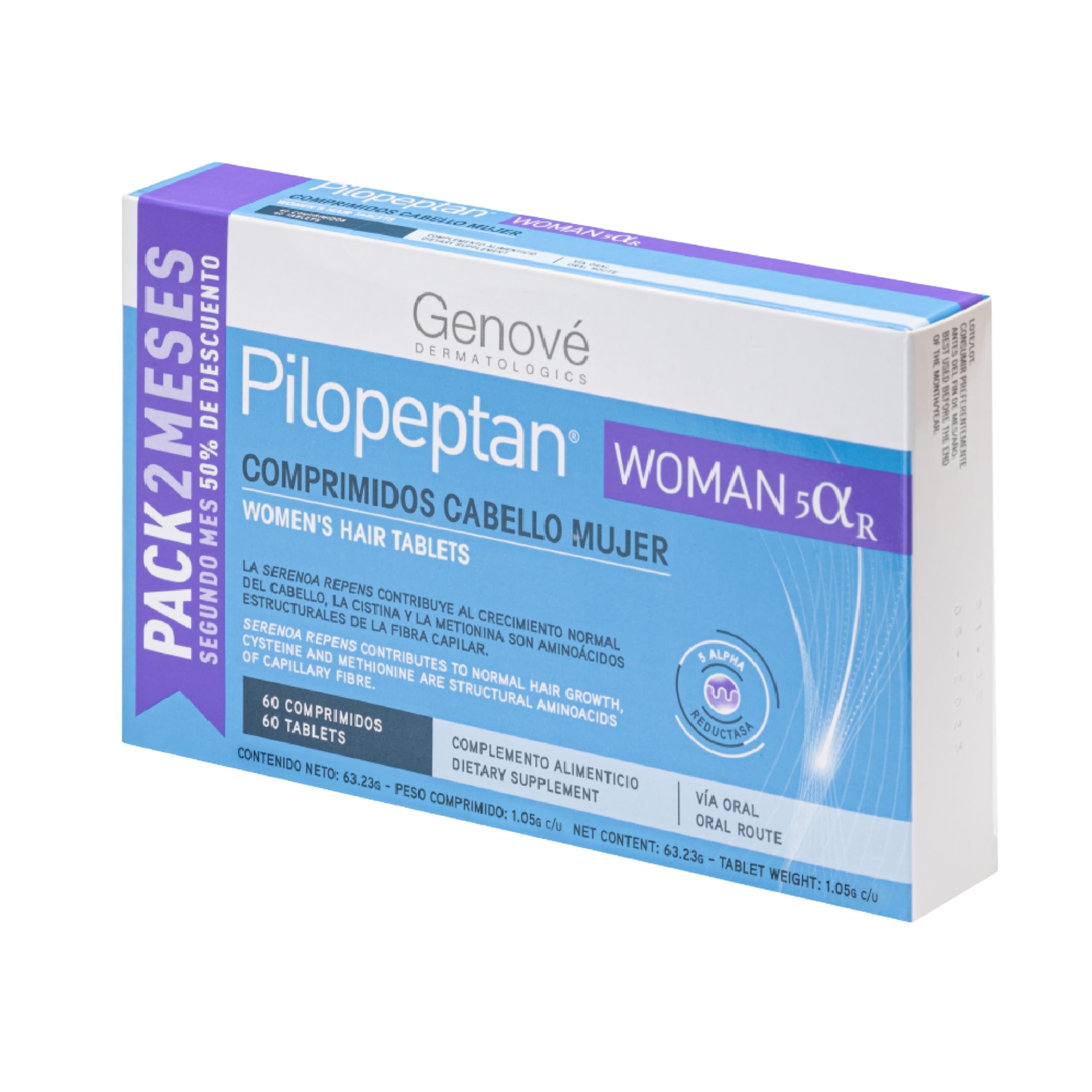 Pilopeptan Woman 5 Alfa R, Lebensmittelzusatz, Bremsen, Frauenhaarausfall, 60 Tabletten, Weiß
