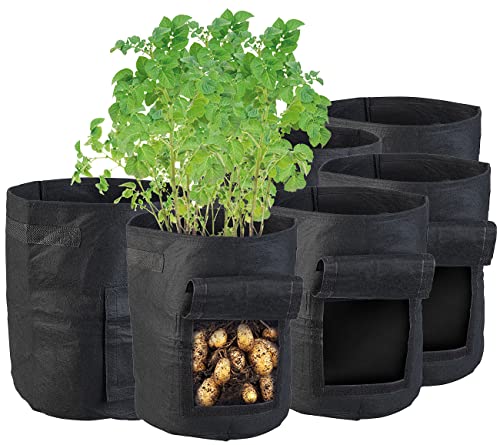 Royal Gardineer Kartoffelpflanzsack: 6er-Set Pflanzen-Wachstumssäcke, je 18 l, Tragegriffe, Erntefenster (Pflanzenwachstumssack mit Griffen, Wachsumssack, wasserdichte Taschen)