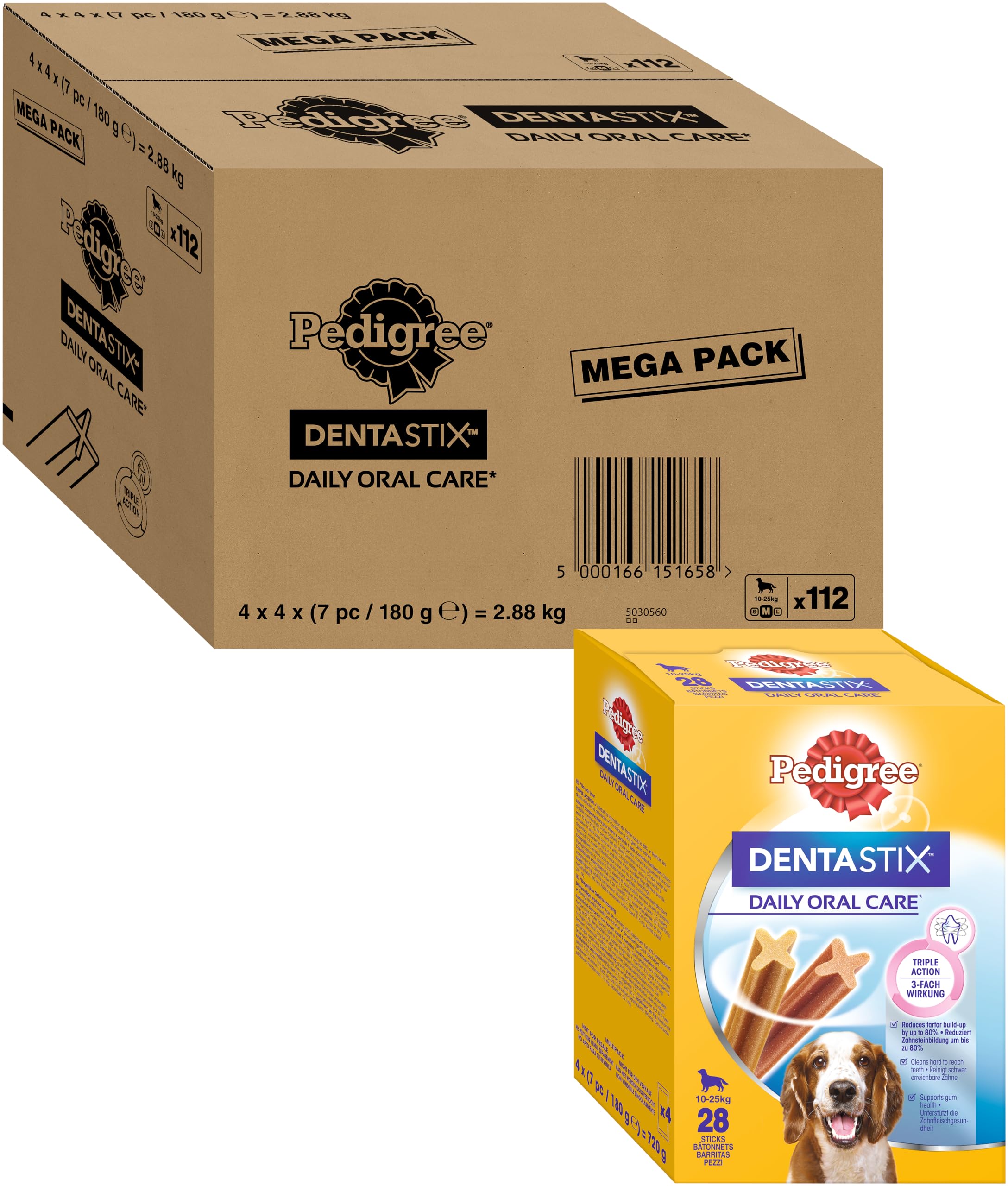 Pedigree DentaStix Daily Oral Care Zahnpflegesnack für mittelgroße Hunde (10–25kg), 112 Stück (1 Großpackung) – Hundeleckerlis mit Huhn– & Rindgeschmack für jeden Tag, für gesunde Zähne