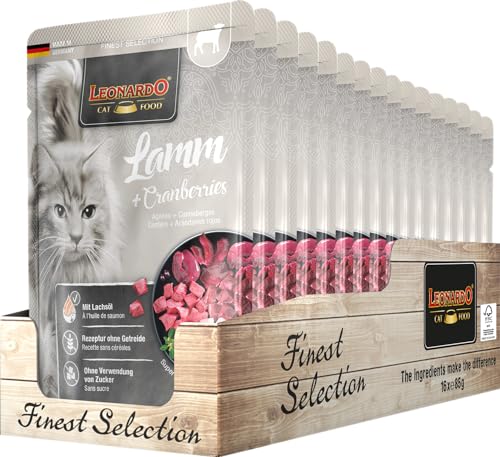 Leonardo Frischebeutel [16x85g Lamm + Cranberries] | Getreidefreies Nassfutter für Katzen | Feuchtfutter Alleinfutter im Einzelportionsbeutel