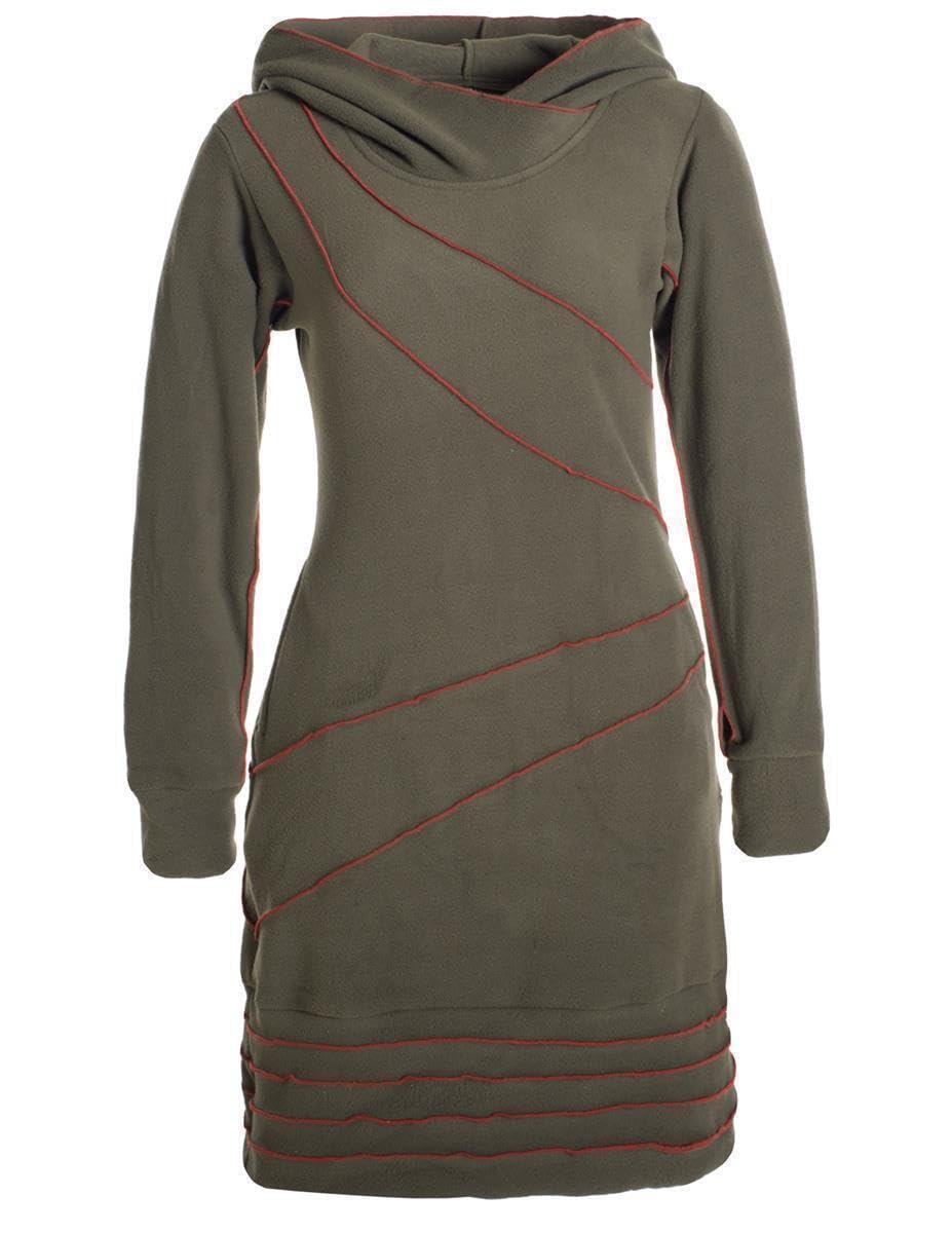 Vishes - Alternative Bekleidung - Langärmliges Patchwork Hoodie Eco Fleecekleid Pullover-Kleid Daumenlöcher Olive 42