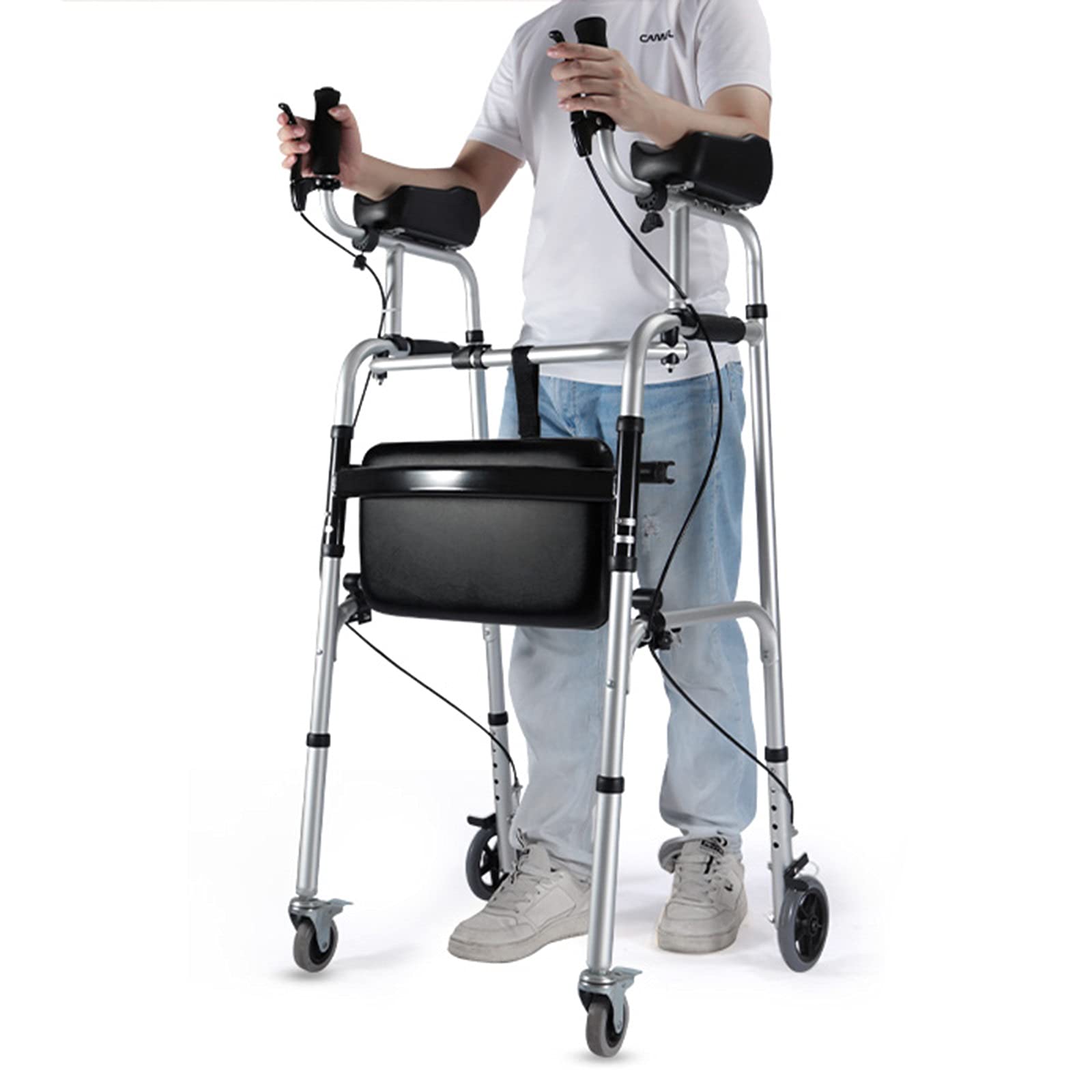 Gehhilfe für Behinderte/ältere Menschen mit Unterarmstütze, Bremsen und Sitz, faltbarer Rollator aus Aluminium/rollbare mobile Gehhilfe, Belastung 150 kg/330 lbs