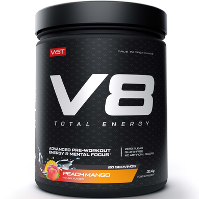 V8 Total Energy – Pre Workout Booster – Trainingsbooster – CarnoSyn®, BetaPower®, natürliches Koffein – Vegan – Zuckerfrei – 20 Portionen – Made in Germany – Peach Mango