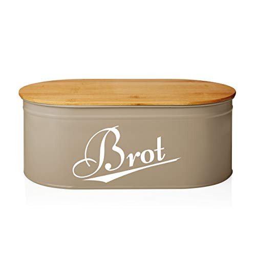 Lumaland Cuisine Brotkasten Brotdose Brotbox aus Metall mit Bambus Deckel, oval 36 x 20 x 13,8 cm Grau