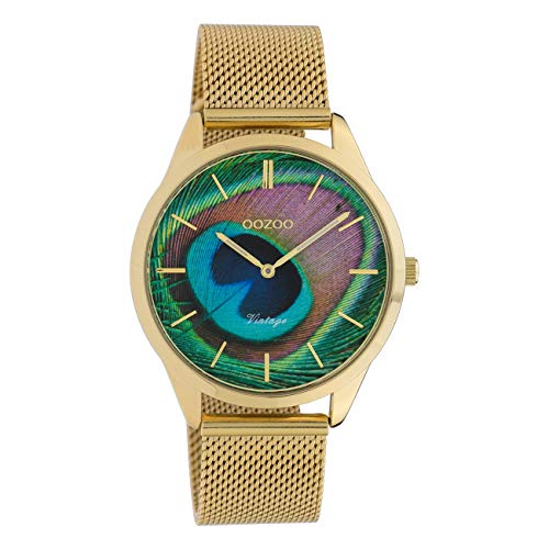 Oozoo Vintage Damenuhr Edelstahl Milanaiseband Pfau Peacock Zifferblatt 43 MM Goldfarben C10251