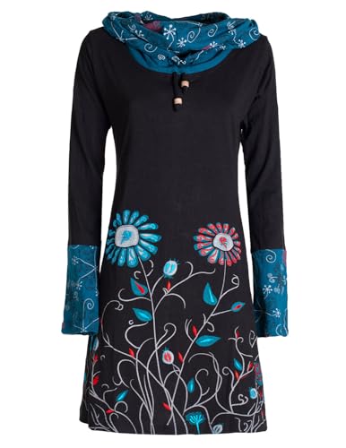 Vishes - Alternative Bekleidung - Damen Blumen-Kleid Langarm-Shirtkleid Schal-Kleid Baumwollkleid schwarz 46