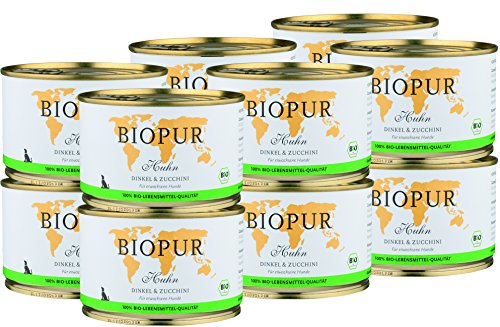 BIOPUR Bio Hundefutter Huhn, Dinkel & Zucchini für Hunde 12x400g