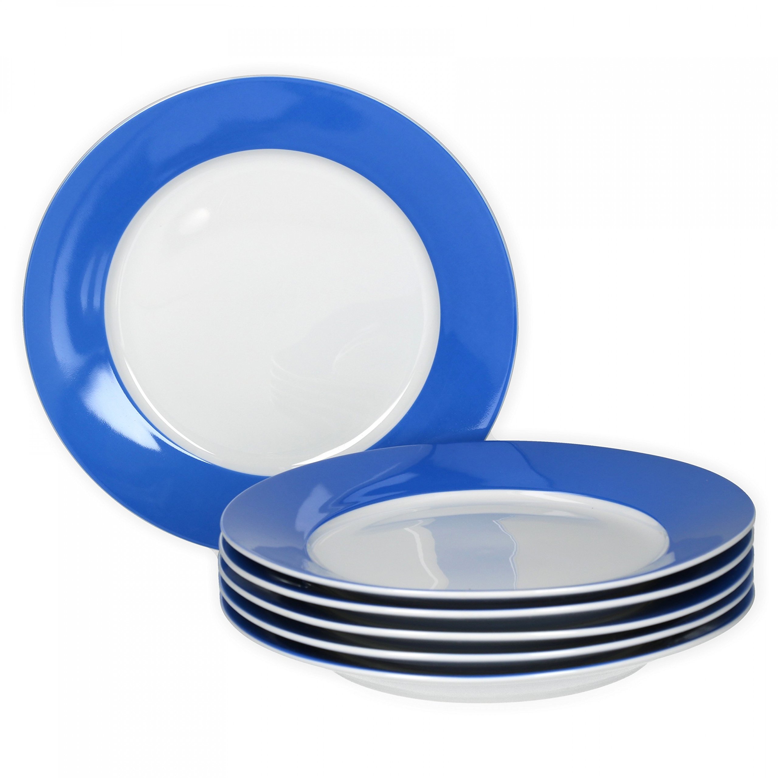 van Well Vario Frühstücksteller-Set 6-teilig - Teller-Service für 6 Personen - Kuchen-Teller mit Ø 20cm - Porzellan-Set weiß mit Rand in Blau - Dessert-Teller-Set mikrowellengeeignet