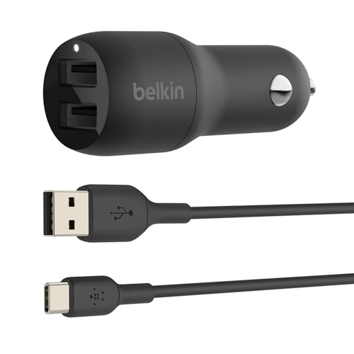 Belkin USB-Kfz-Ladegerät, 24 W, mit 2 Anschlüssen und USB-C-Kabel (Boost Charge Dual-Port Kfz-Ladegerät, 2-Port USB-Auto-Ladegerät) Nintendo Switch Kfz-Ladegerät, iPad Pro Kfz-Ladegerät