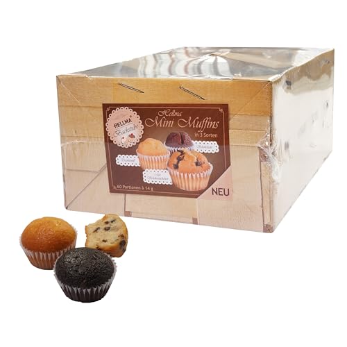 HELLMA Mini Muffins - 60 Stk. Muffins, einzeln verpackt - 3 Sorten - Vorrats-Box - für Hotel, Café, Kiosk und Kliniken