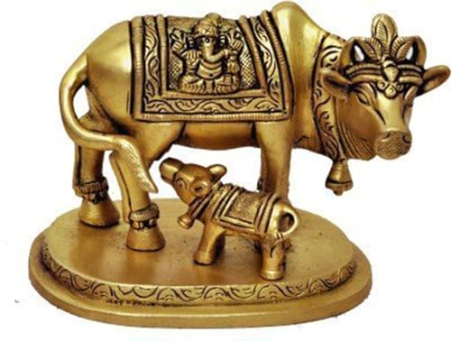 eSplanade Brass Kamdhenu Kamadhenu Cow Calf Sculpture Idol Statue (Carved Cow)