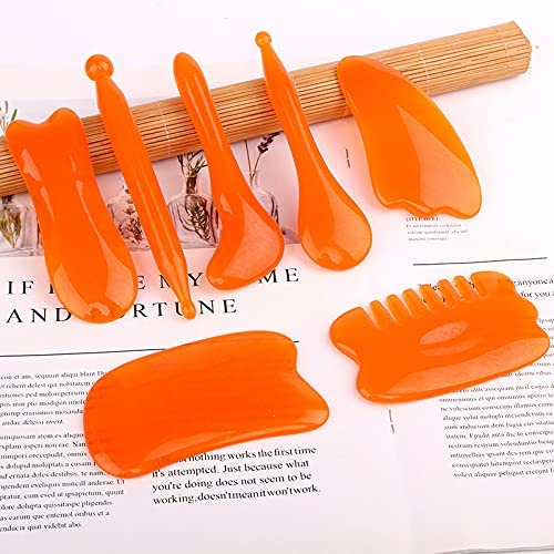 Gua Sha Board Guasha Scraping Massage Tool Set von 7 Salon Akupunktur Haut Gesichtspflege Behandlung Punkt Behandlung Lifting Ihr Gesicht und Iymphdrainage (Orange)
