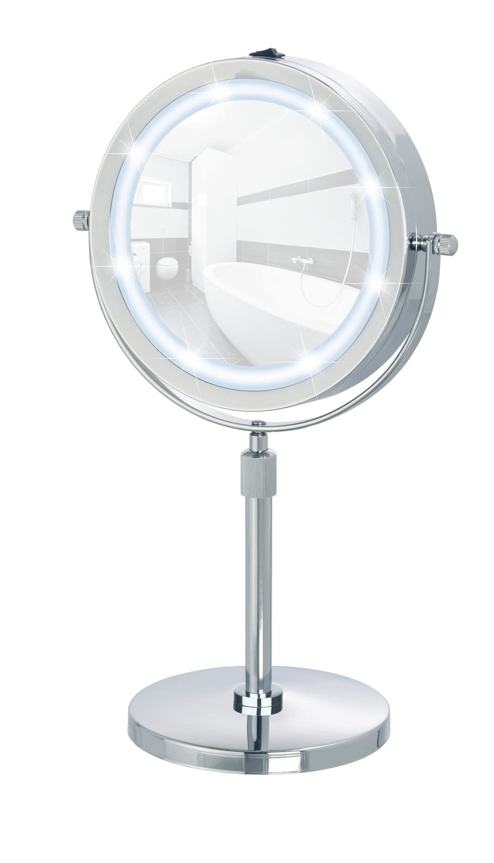WENKO LED Kosmetikspiegel Lumi, Spiegelfläche ø 17.5 cm 500 % Vergrößerung, Stahl, 21 x 38-49 x 13.5 cm, Chrom