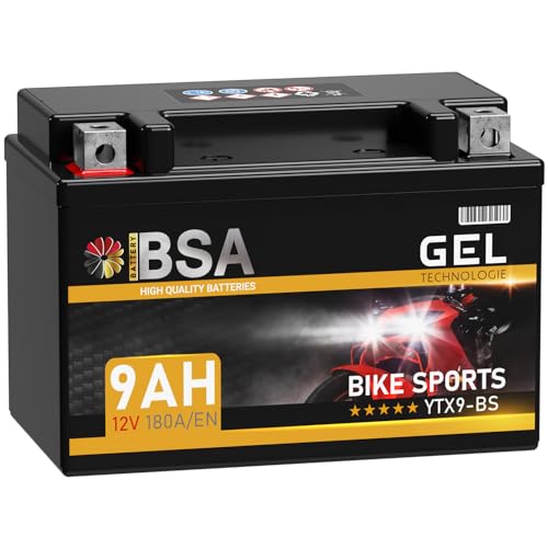 BSA YTX9-BS Motorradbatterie 12V 9Ah 180A/EN Gel Batterie 12V doppelte Lebensdauer entspricht 50812 CTX9-BS ETX9-BS GTX9-BS vorgeladen auslaufsicher wartungsfrei ersetzt 8Ah