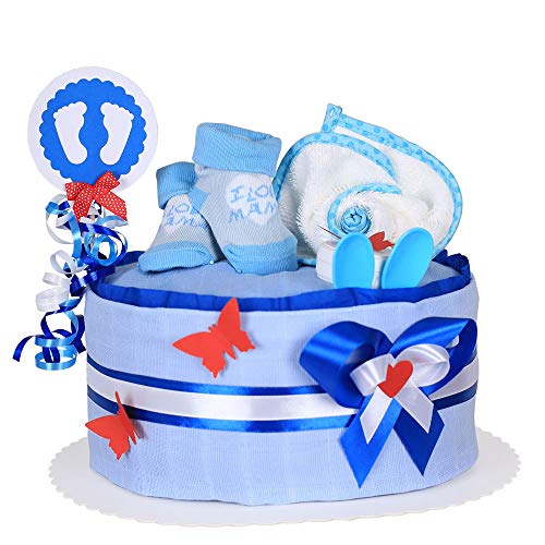 MomsStory - mini Windeltorte Junge | Baby-Geschenk zur Geburt Taufe Babyshower | 1 Stöckig (Blau) mit Lätzchen Baby-Söckchen & mehr