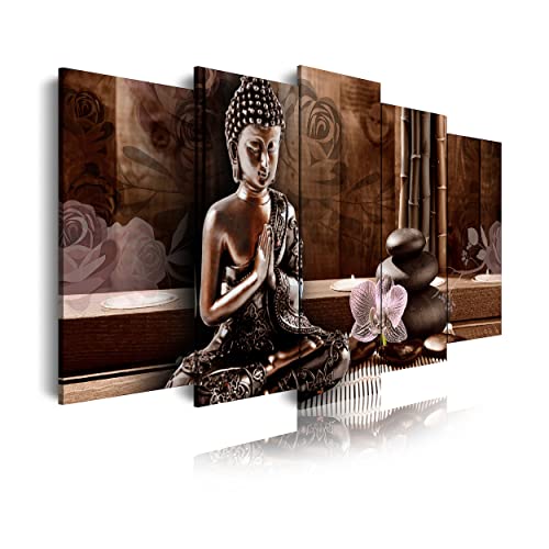 DekoArte 424 - Modernes Bild, digitalisierter Kunstdruck | Dekoratives Bild für den Salon oder das Schlafzimer |Stil Zen Feng Shui mit meditierendem Buddha in Bronzetönen | 5 Teile 150 x 80 cm