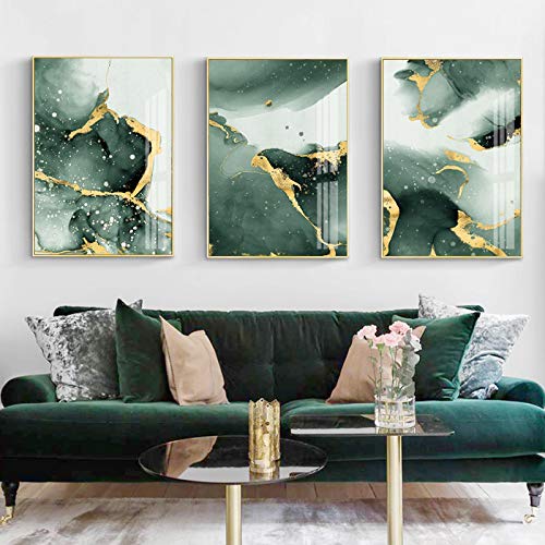 Abstrakte Wandkunst Leinwand Poster Dunkelgrün Golden Aquarell Tinte Malerei Druckbild für Schlafzimmer Inneneinrichtung Dekoration 60x85cm (24x34in) x3 Mit Rahmen