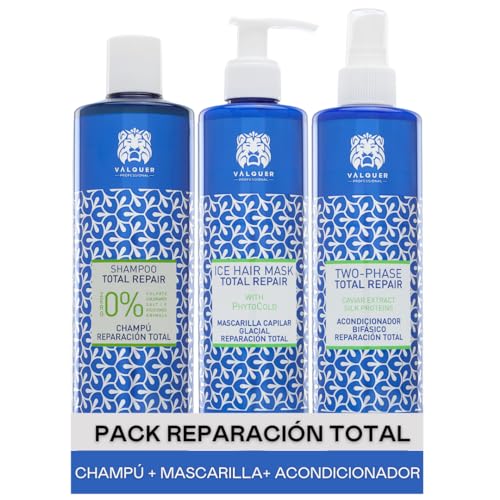 Valquer Professional Hair Pack Total Reparatur für strapaziertes Haar: Zero% Shampoo 400 ml + Eiseffektmaske 300 ml + Zweiphasen-Conditioner 300 ml (1300 g - 3 Einheiten)