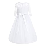 Freebily Blumenmädchenkleid Mädchen Spitze Prinzessin Kleid Festliche Kleidung für Hochzeit Party Halbarm Brautjungfer Kleid Kommunionkleid in gr.104-164 Weiß 164/14 Jahre